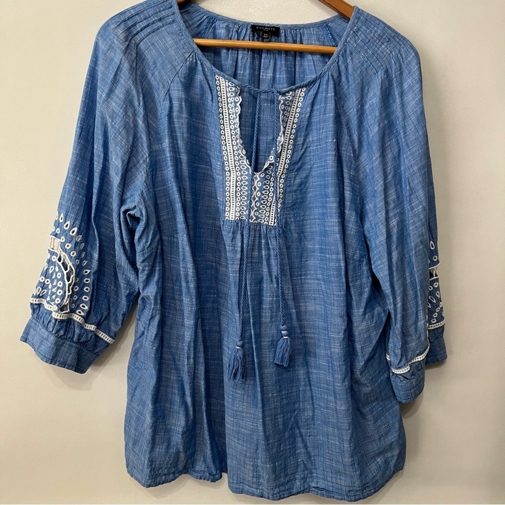 Talbots Blue White Embroidered Eyelet Tunic Top 100% Cotton